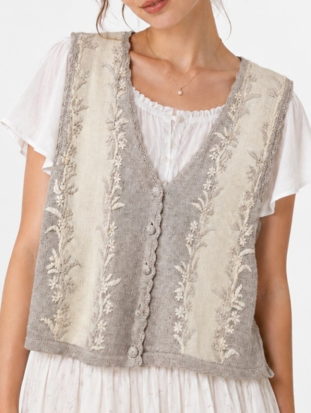 Y2kKG Classics Linen Cotton Embroidered Knit Vest Cottagecore Boho Medium Rare